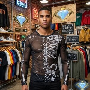SHEIN Skeleton Graphic Mesh Long Sleeve Top - Size Large Mens Streetwear